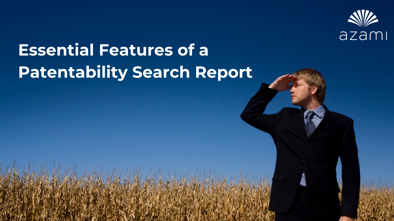 A man in a suit looking serious, standing against a neutral background with text "Essential Features of a Patentability Search Report".