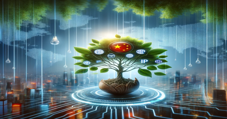 Digital tree with IP symbols as leaves, representing China's growth in the global intellectual property sector against a backdrop of a futuristic cityscape